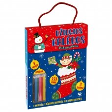 Džiugios Kalėdos! 2-3 metų vaikams. 4 knygelės (3 užduočių ir 1 lipdukų), 250 lipdukų, 6 spalvoti pieštukai, 3 kalėdiniai žaisliukai