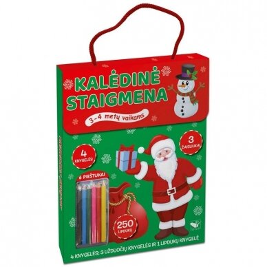 Kalėdinė staigmena. 3-4 metų vaikams. 4 knygelės (3 užduočių ir 1 lipdukų), 250 lipdukų, 6 spalvoti pieštukai, 3 kalėdiniai žaisliukai