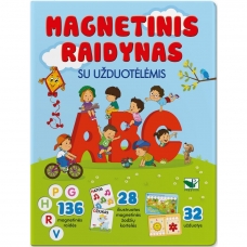 Magnetinis RAIDYNAS su užduotėlėmis. 136 raidės, 28 kortelės, 32 užduotys