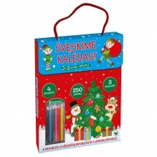 Švęskime Kalėdas! 5-6 metų vaikams. 4 knygelės (3 užduočių ir 1 lipdukų), 250 lipdukų, 6 spalvoti pieštukai, 3 kalėdiniai žaisliukai