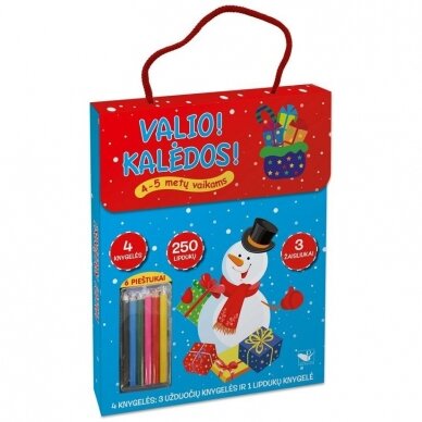 Valio! Kalėdos! 4-5 metų vaikams. 4 knygelės (3 užduočių ir 1 lipdukų), 250 lipdukų, 6 spalvoti pieštukai, 3 kalėdiniai žaisliukai